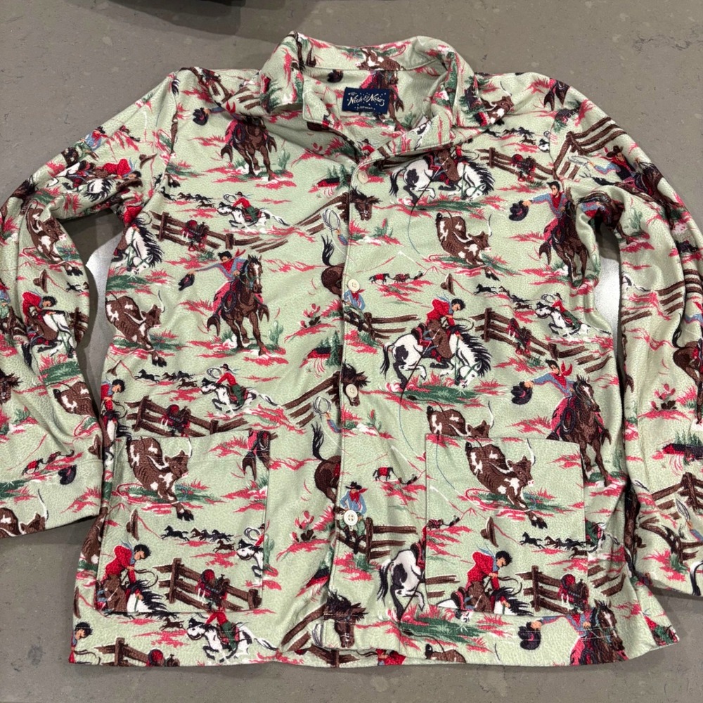 Vtg Nick & Nora Round Up Pajama Top Shirt Western Cowboy‎ Horse Kurt Cobain Med